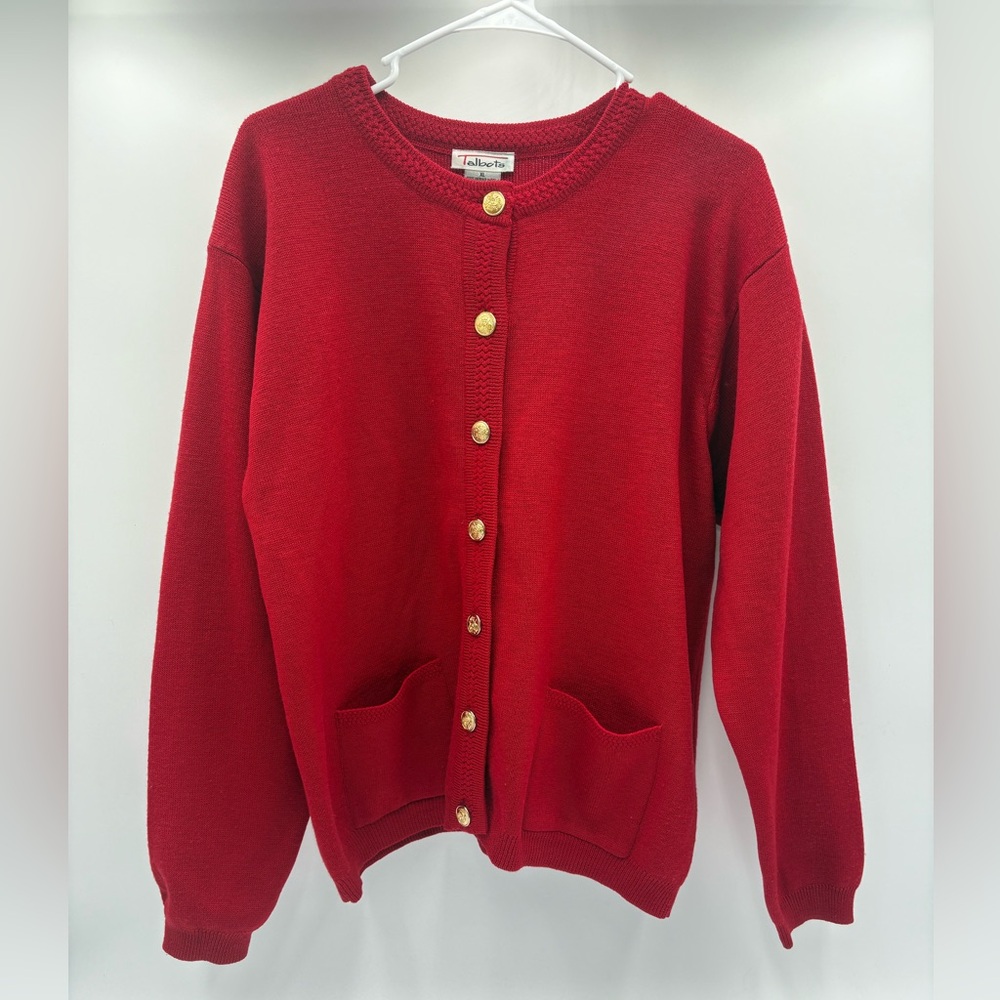 Vintage‎ Talbots Merino Wool Cardigan XL Red Gold Crest Buttons Hong Kong